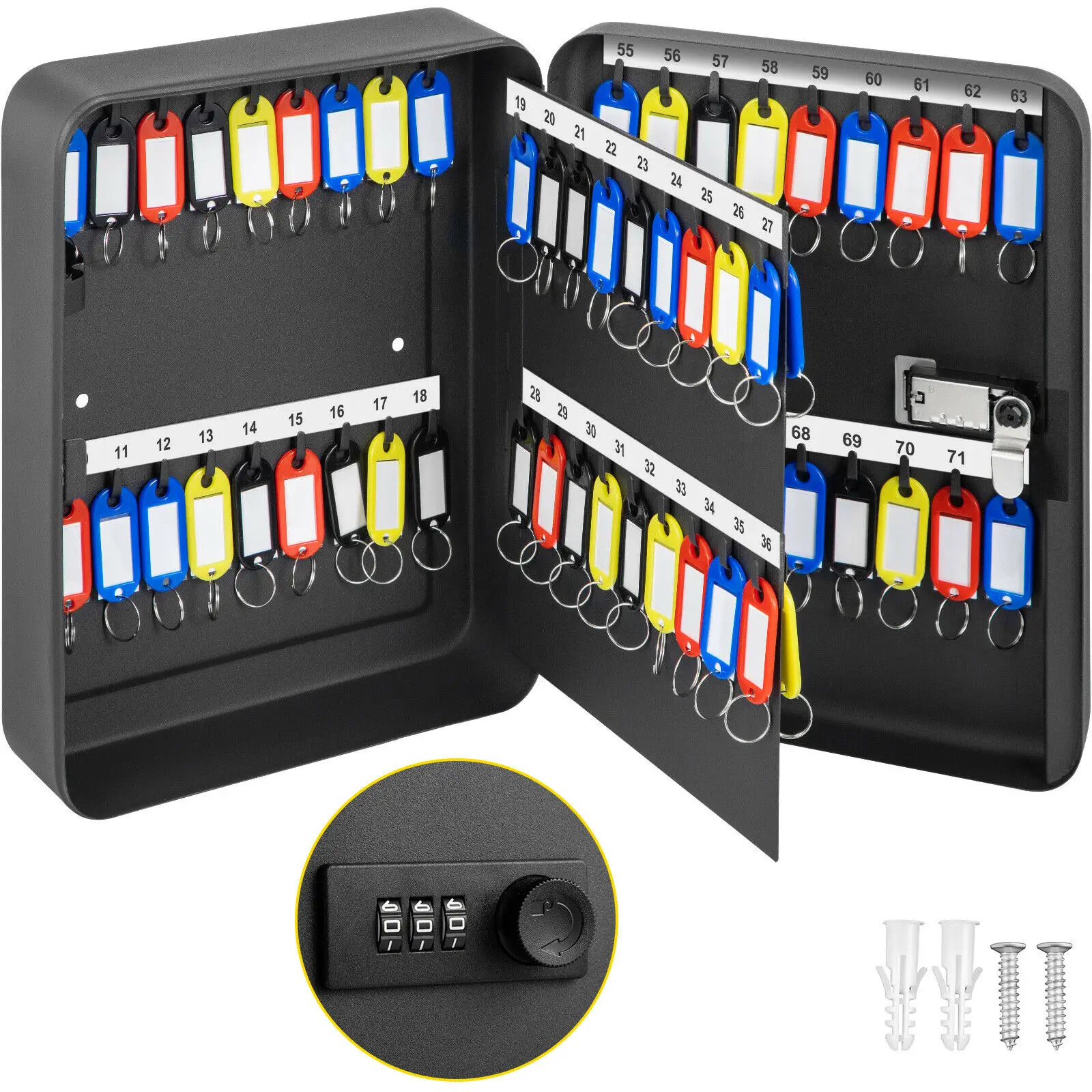 

72 Keys Cabinet Wall Mount Passcode Lock Safe Box w/ Hook Organizer Holder