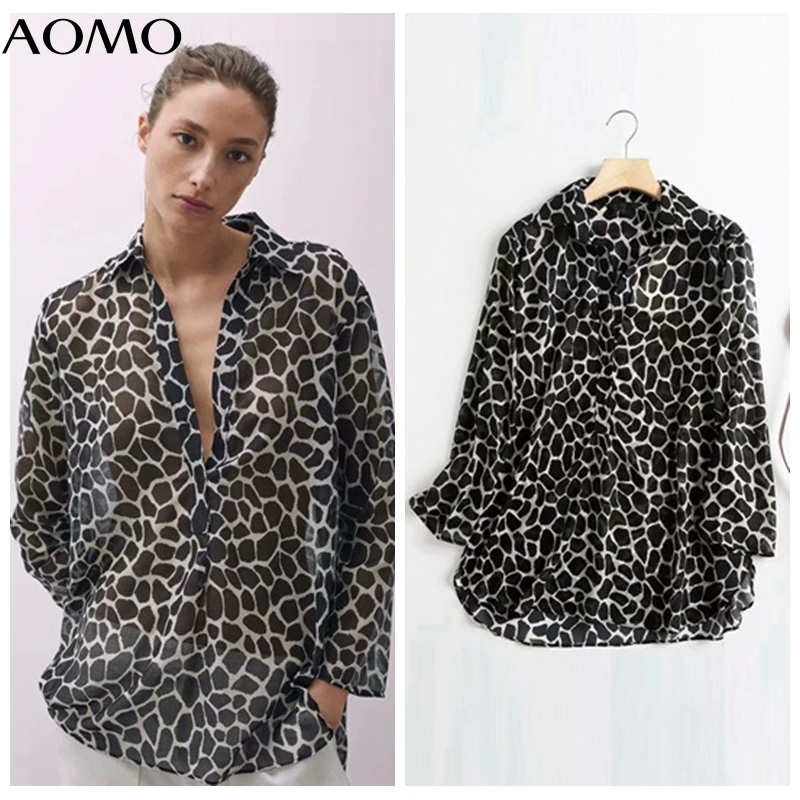 

AOMO Women High Quality Retro Print Chiffon Blouse Long Sleeve Chic Female Elegant Office Lady Shirt Top 4C160A