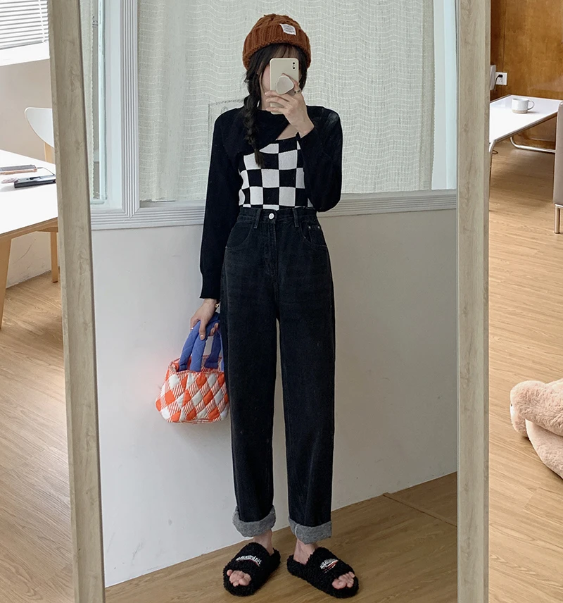 

Korean Chic Loose Vintage High Waist Women Black Jeans New Fashion Streetwear Wide Leg Jean Female Denim Trouser Straight Pants