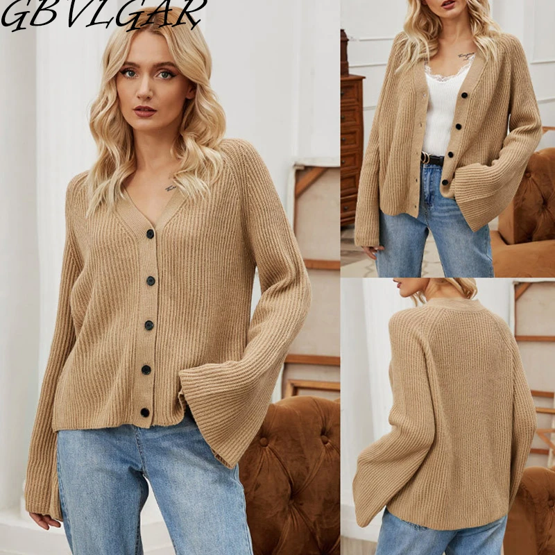 

2020 Cardigan Autumn Long Flare Sleeve Short Sweater Women Ribbed Knitted Cotton Tops Khaki Ladies Soft Outwear Female