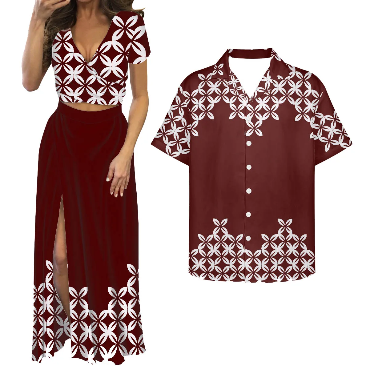 

HYCOOL, полинезийское традиционное племенное красное платье для пар, летняя юбка макси с разрезом и укороченный топ, костюмы большого размера