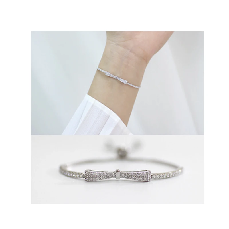 

Silver 925 Sterling Silver Fashion Student Style Bowknot Micro-inlaid Zircon Adjusting Bead Bracelet Bracelet