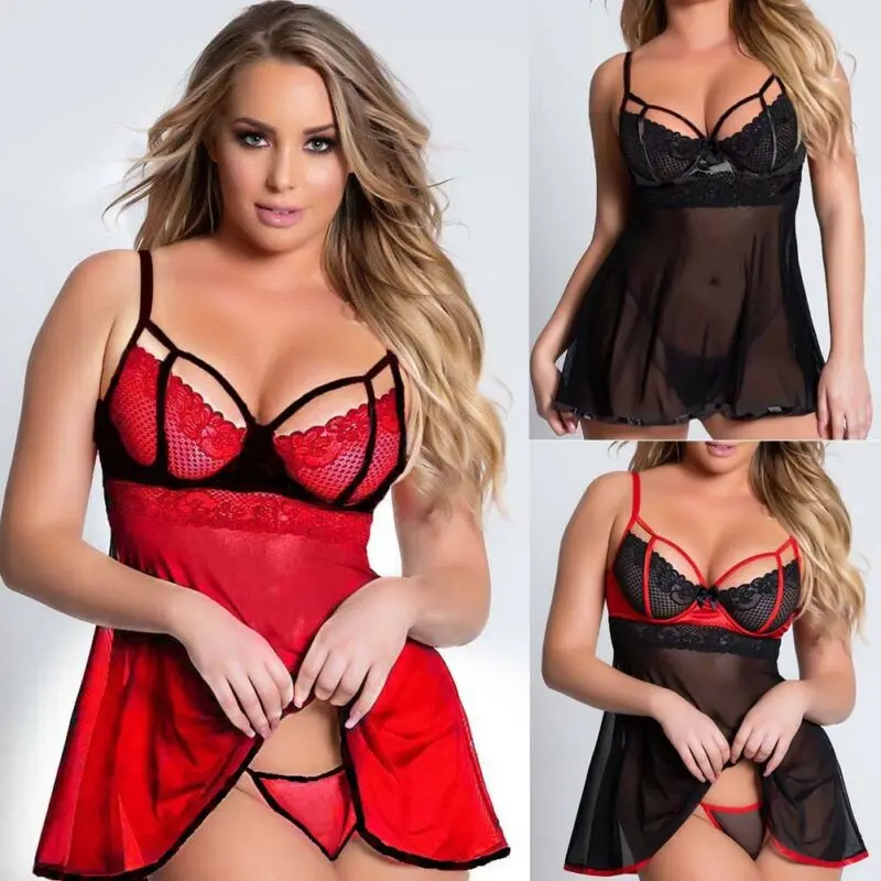 

Plus Size Sexy Lingerie Women Babydoll Lace Dress Sexy Underwear G-string Thong Temptation Sleepwear erotic intimate 3xl