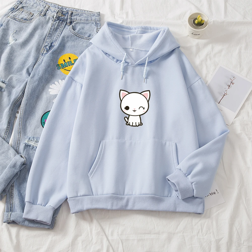 Winter Women Hoodies Long Sleeve Cute Hooded Sweetshirt for Girls Korean Cat Print Hoodie Women Oversized Pocket Warm Sudadera