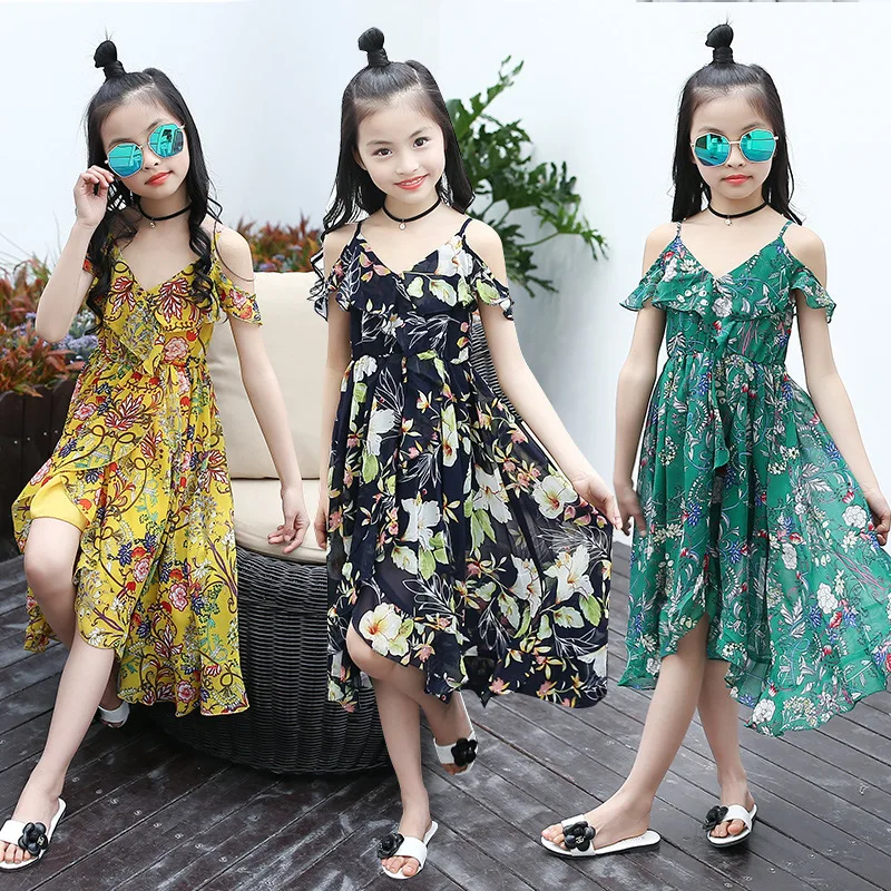 Girls Dress Bohemian 2021 Summer For Floral Sling Beach Sundress Teenage Kids Dresses for 4 6 8 12 14 15 Years | Детская одежда и