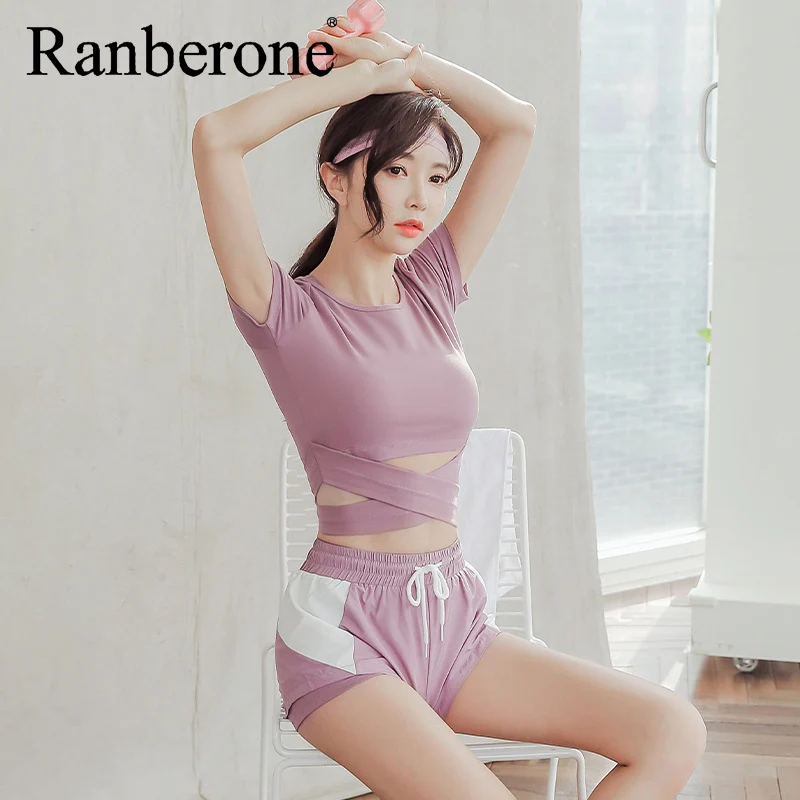 Ranberone 2 To 3 Piece Yoga Set Women Compressed Running Fitness Clothing Gym Cross Crop Top Sport Suit Workout Tracksuit 2021