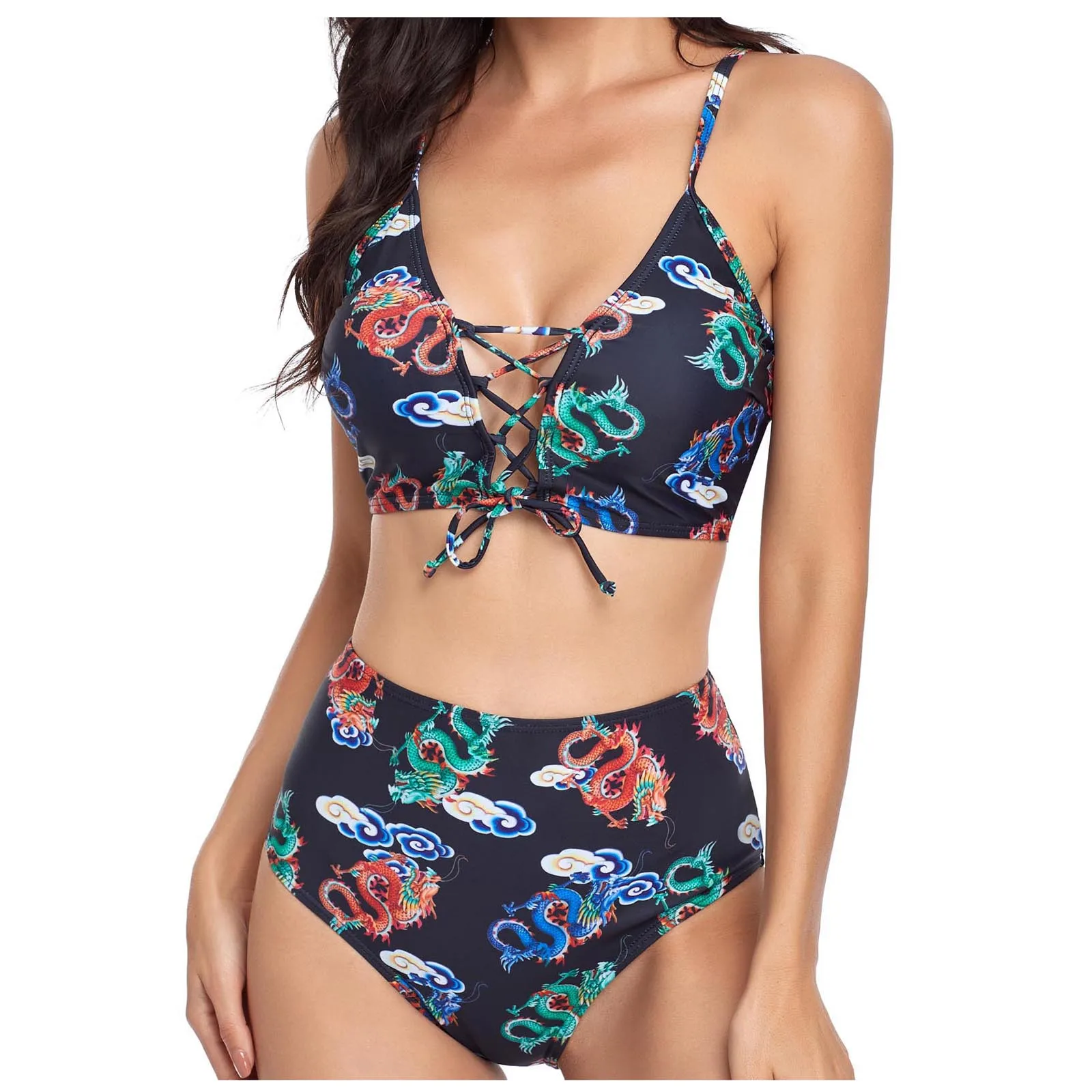 

Women's Swimsuit V-neck Printing Sexy High Waist Split 2 Piece Bikini Sets Swimwear 2021 maillot de bain