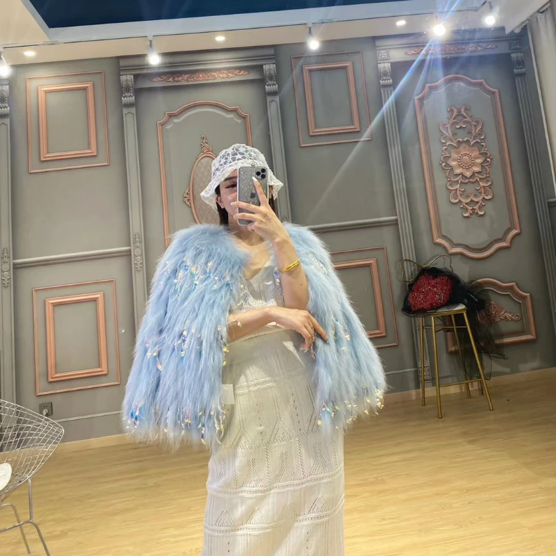 Женское пальто с мехом енота OFTBUY повседневное вязаное разноцветными ракушками