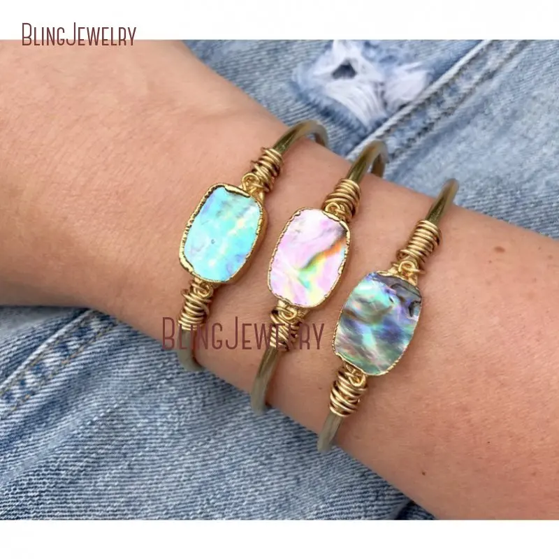 Золотой рыбья кость сырья Boho Chic Радужный Галиотис оболочки жесткий Браслет-манжета Белый полумесяц раковина Каури регулируемый браслет BM27548