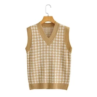 2022 woman traf vest autumn winter sleeveless houndstooth knit jumpers v contrast trims loose sweaters gilets