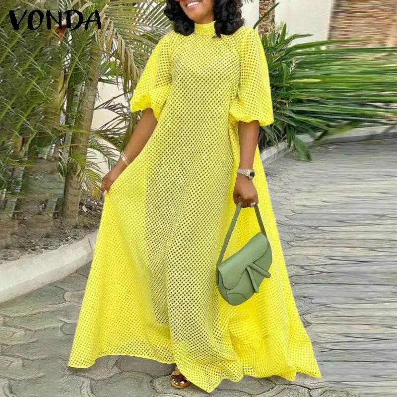 Summer Dress VONDA Women Casual O Neck Half Sleeve See Through Long Maxi Dresses Vintage Pleated Puff Sleeve Beach Sundress