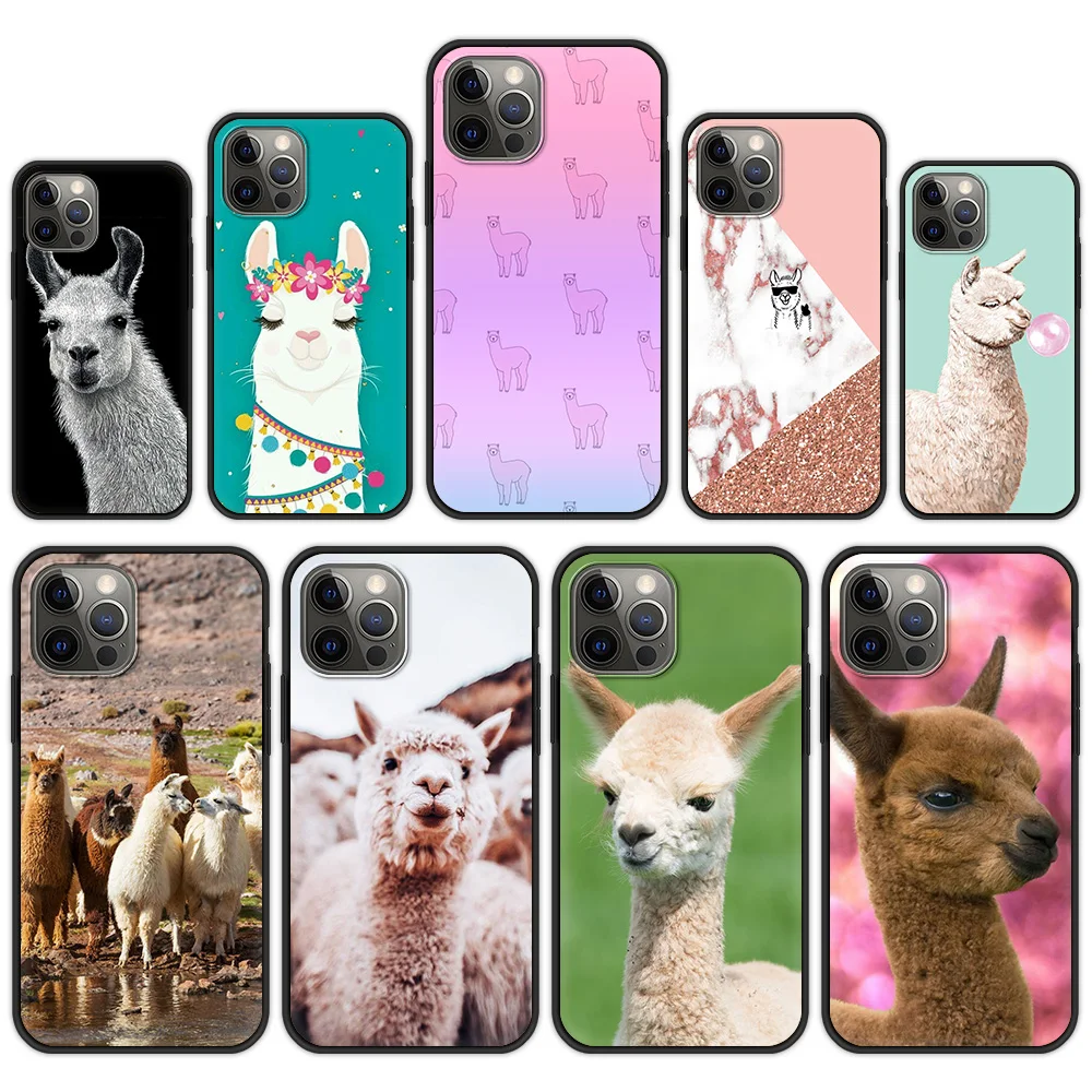 

Чехол с ламой-ламой и альпаками для iPhone 13, 12, 11 Pro Max, 8, 7 Plus, черный чехол для iPhone X, XS Max, XR, противоударный чехол
