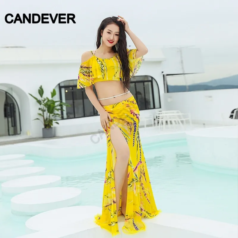 Набор костюма для танца живота желтый топ с принтом перьев юбка разрезом