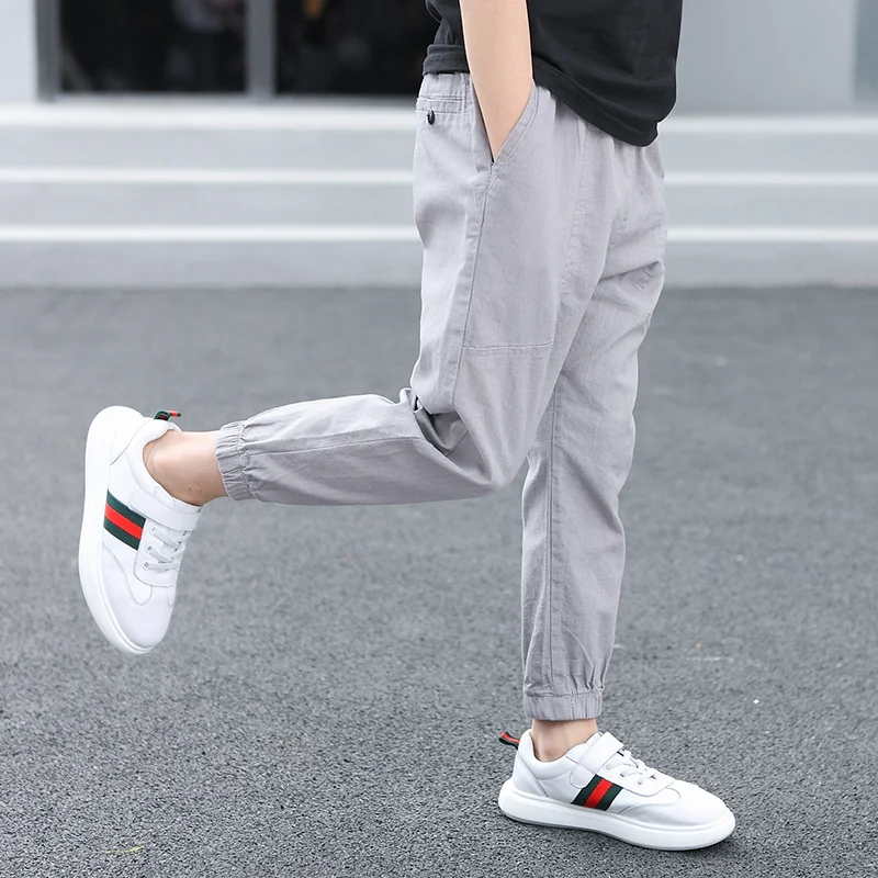 Teen Boy's Pants Kids Spring Autumn Solid Cotton Full Trousers Casual Slim Stretch Jogger Sweatpants 6-16 Years - Цвет: Серый