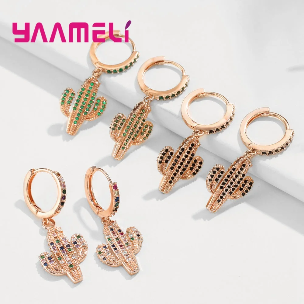 

New Style Luxurious 925 Sterling Silver Earring Small Sparkling Rhinestone Crystals Cactus Pendant Drop Earrings For Women