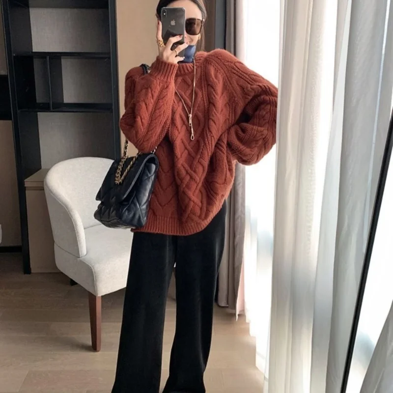 

Long Sleeve Sweater Pullover Women Outer Wear Autumn winter O-neck Casual Loose Padded Sleeve Mid-length Inner Base Sweater