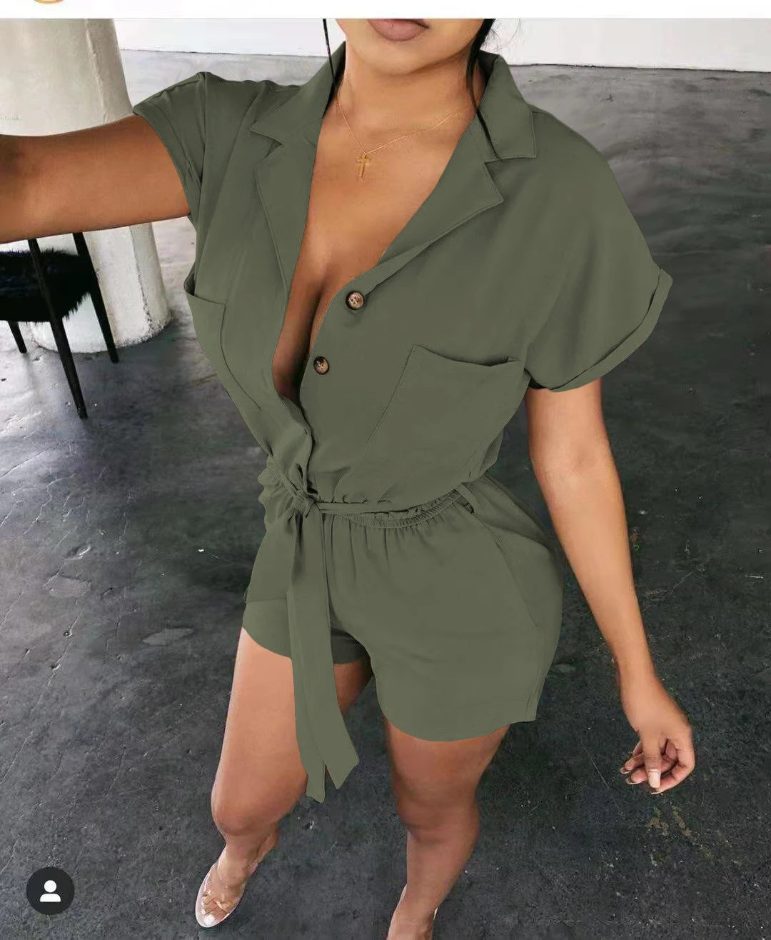 

Women Fashion Turn-down Collar Playsuits Overalls with Waistband Solid Color Short Sleeve Playsuit Summer Ladies Casual Rompers