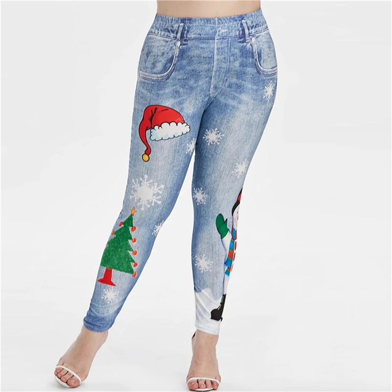 

Women Faux Jeans High Waist Slim Leggings Winter Pants Snowflake Christmas Print Fitness Female Stretch Pocket Trousers