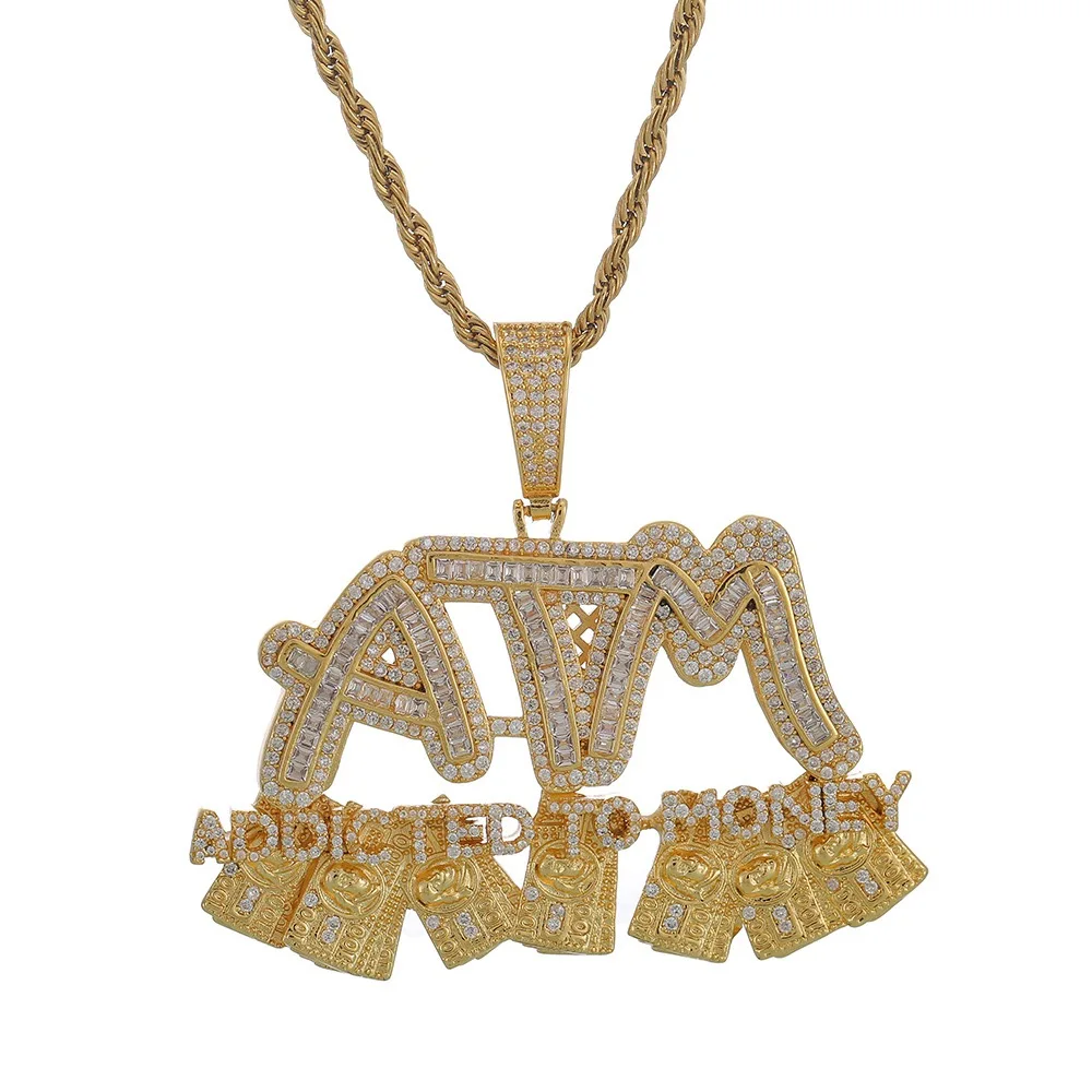 

Hip hop ice out bling dollar money ATM brass pendant gold plated zircon pendant necklace chain for men