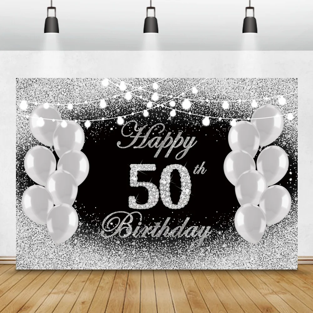 Sliver Balloons Decor Happy 50th Birthday Party Photography Backdrop Light Bulb Pattern Family Portrait Photo Background Poster