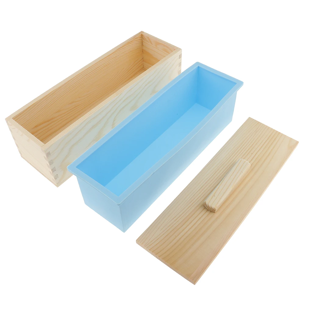 

3Pieces/Set Rectangle Silicone Soap Wooden Box Lid DIY Toast Loaf Mold 1200ml Blue