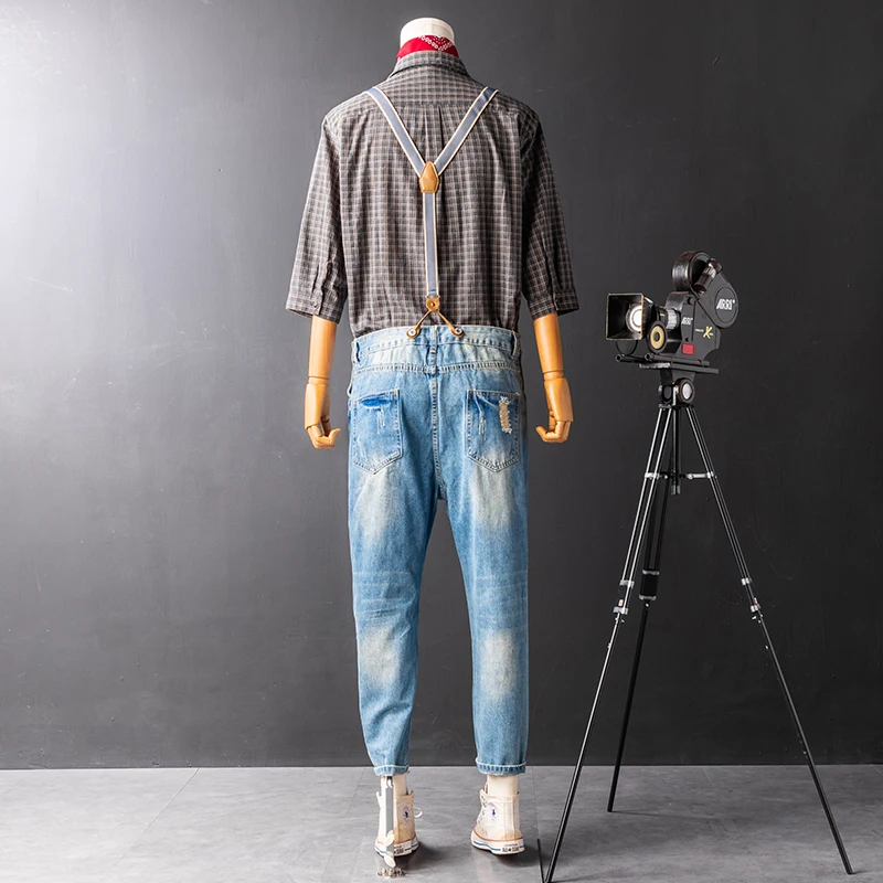 

ABOORUN Men's Blue Bib Denim Overalls Big Pockets Ripped Hole Jumpsuits Casual Patchwork Cargo Jeans