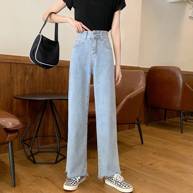 

Light Color Loose Pants 2021spring New High Waist Wide Leg Pants All-Matching Straight Raw Hem Jeans Slimming Women