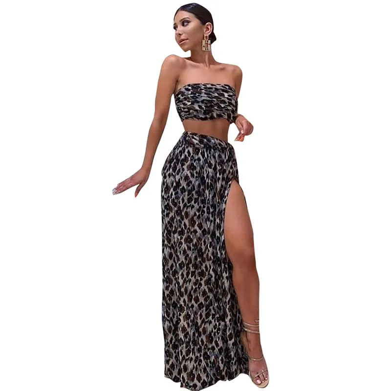 

Women Leopard Print Two Pieces Set Sexy Strapless Sleeveless Tube Top High Waist Split Maxi Skirt Autumn Party Clubwear Outfits