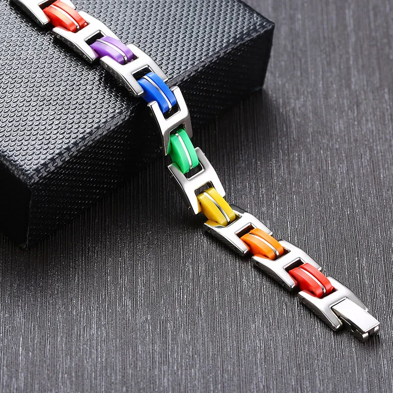 Силиконовый браслет из нержавеющей стали 316L мужской с радужной застежкой