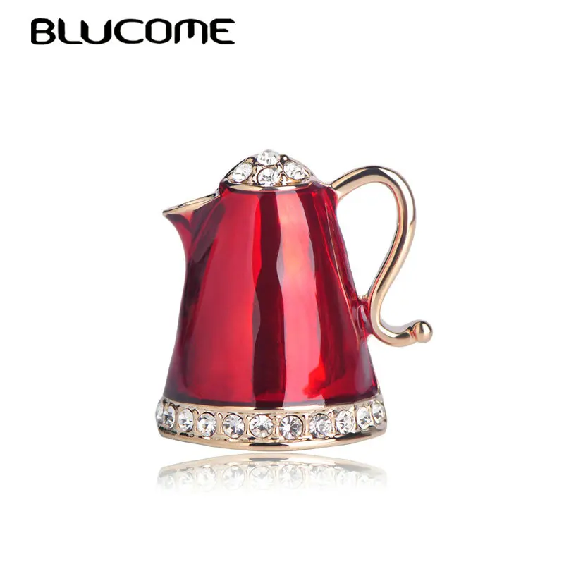 

Blucome New Teapot Shape Red Enamel Brooches Shining Crystals Brooch For Women Clothes Bag Corsage Pins Sweater Clip Accessories