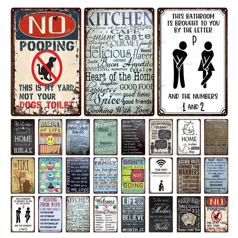 

Vintage Family Rule Metal Painting Abstract Letter Plaque Quotes Bathroom Kitchen Rule Tin Sign Metal Decoration Wall Art Poster