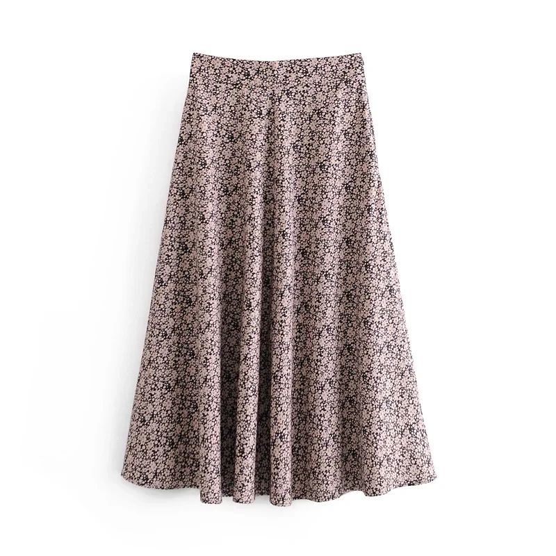 

2020 New Fashion Temperament Retro Print Mid-Length High Waist Side Stitching Dark Zipper Closed Gentle Midi Skirt