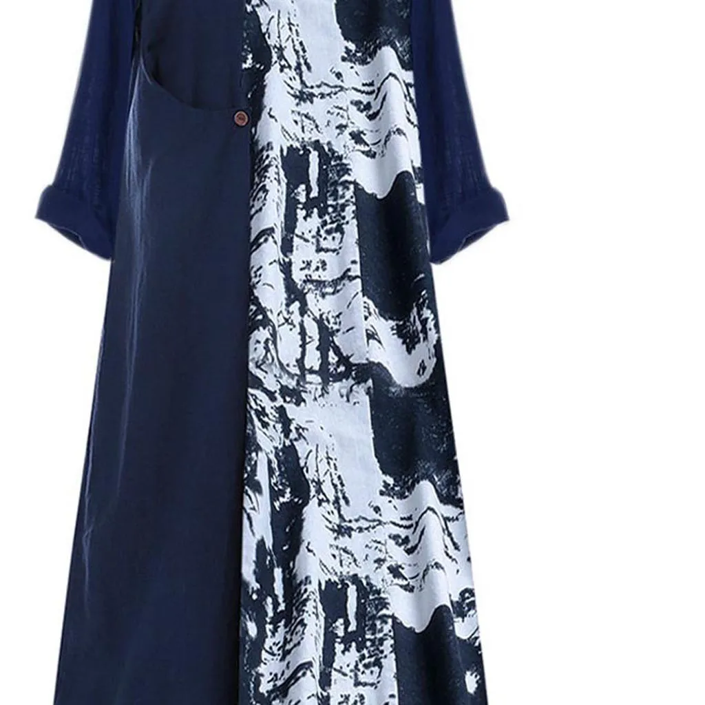 Женское платье-макси с принтом длинным рукавом круглым вырезом и карманами |