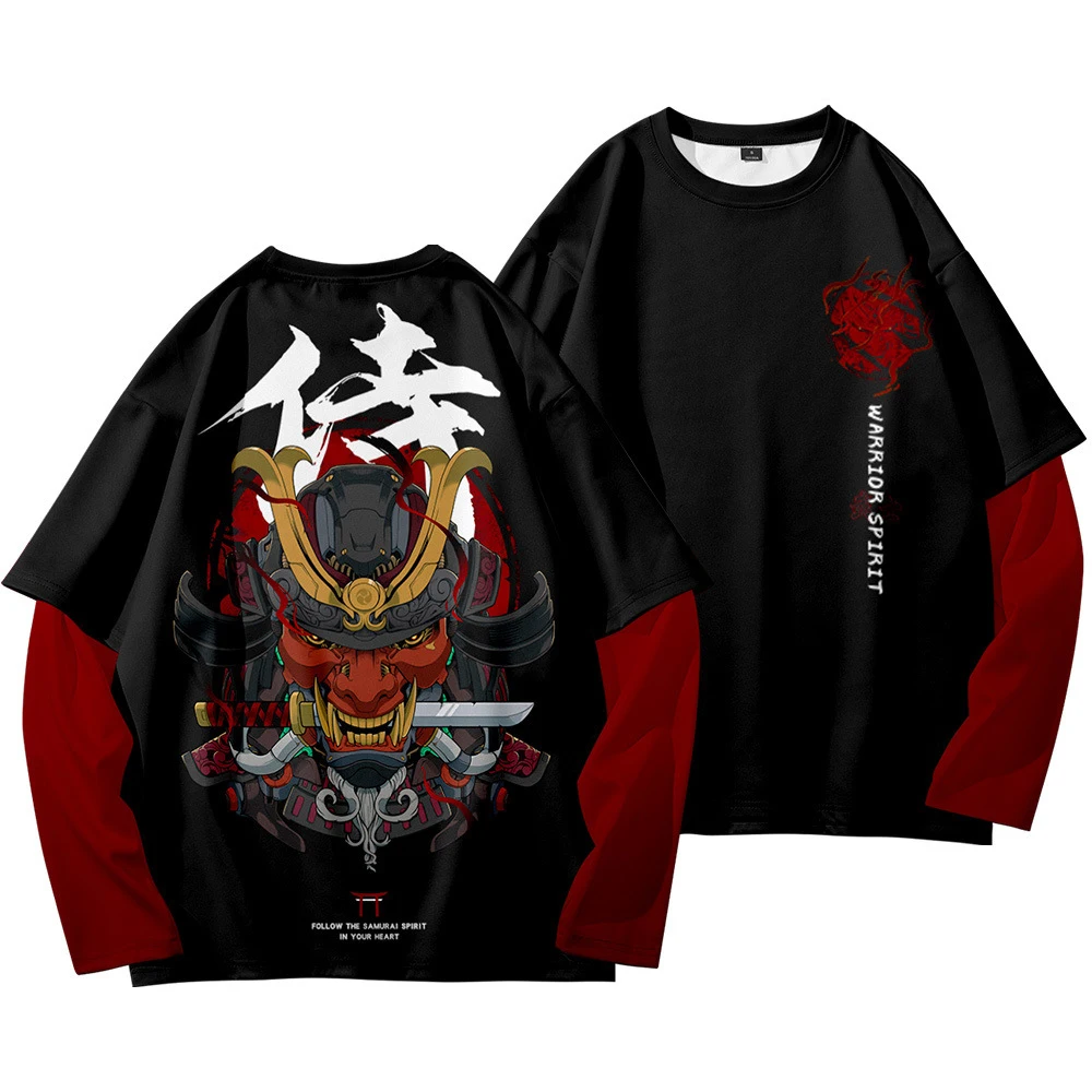 

Japanese Samurai Cosplay Tops Anime Autumn High Street Diablo Long Sleeved Men's Fake Two Piece T-shirt Loose Clothes Drop Ship