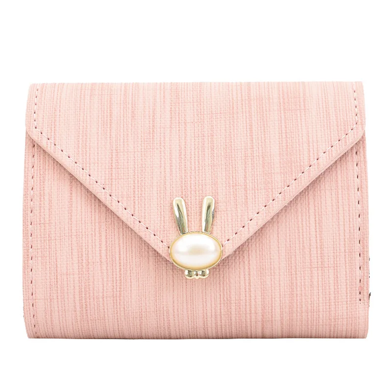 

Women's Wallet New Pearl Wallet Women's Short Soft Leather Clip Fashion Three Fold Korean Student's Wallet Small Rabbit Wallet
