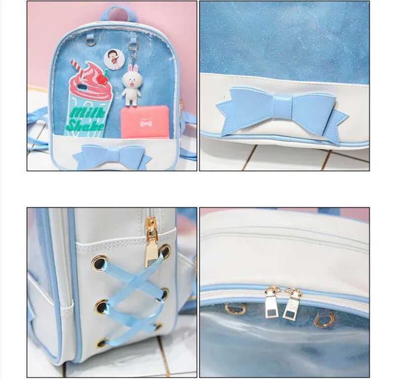 For Size Clear Transparent Women Backpack Cute Bow Bags Mini School Pink Blue School Bags For Teenage Girls Fashion Backpack