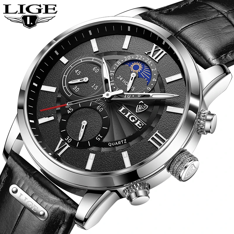 

LIGE Men Watches 2021 New Fashion Leather Waterproof Luminous Top Brand Luxury Mens Quartz Wristwatch Men Relogio Masculino+Box