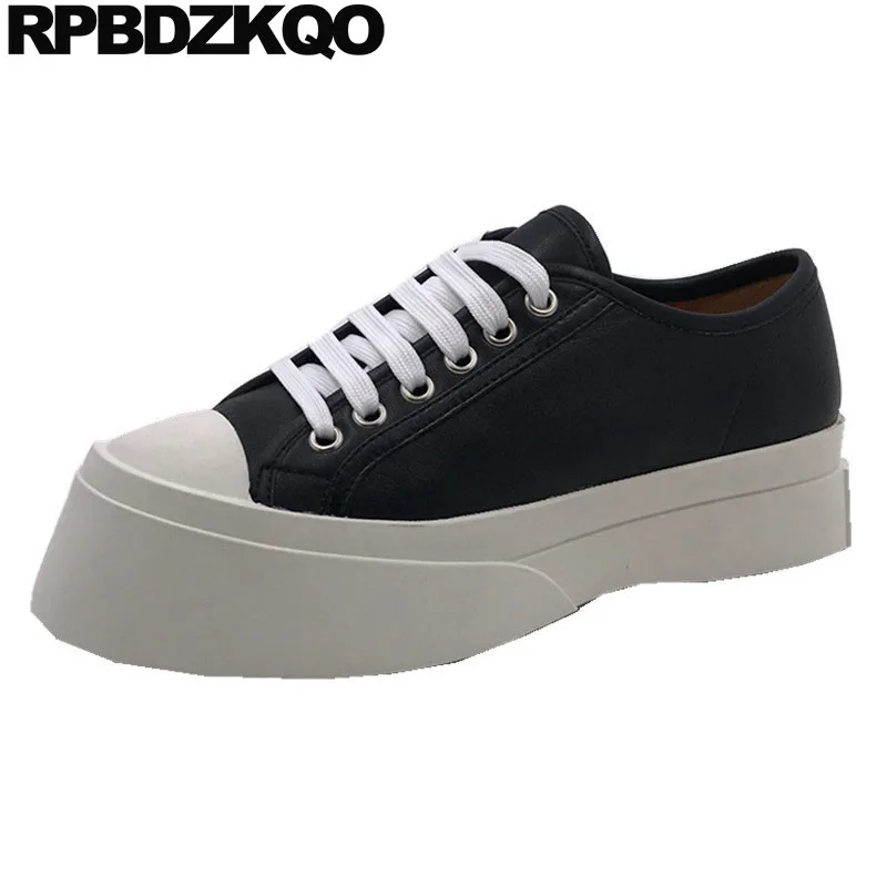 

Round Toe Black And White Elevator Harajuku Thick Sole Muffin Lace Up Creepers Platform Shoes Designer Women Genuine Leather