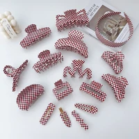 2021 hot selling fashion acrylic red white checkered pattern headband hair claw women hair clips headdress accessories