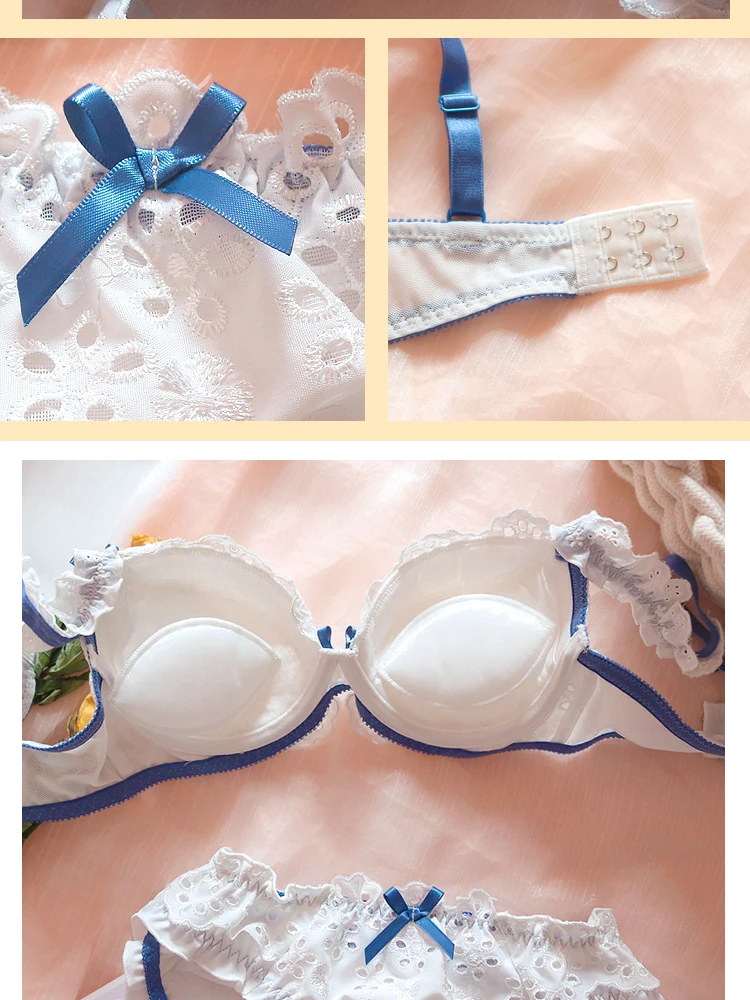 Cute Sweet Ruffle Women White Underwire Bra & Panties Set Soft Girl Fresh Lolita Hollow Out Petals Lace Embroidery Underwear Set