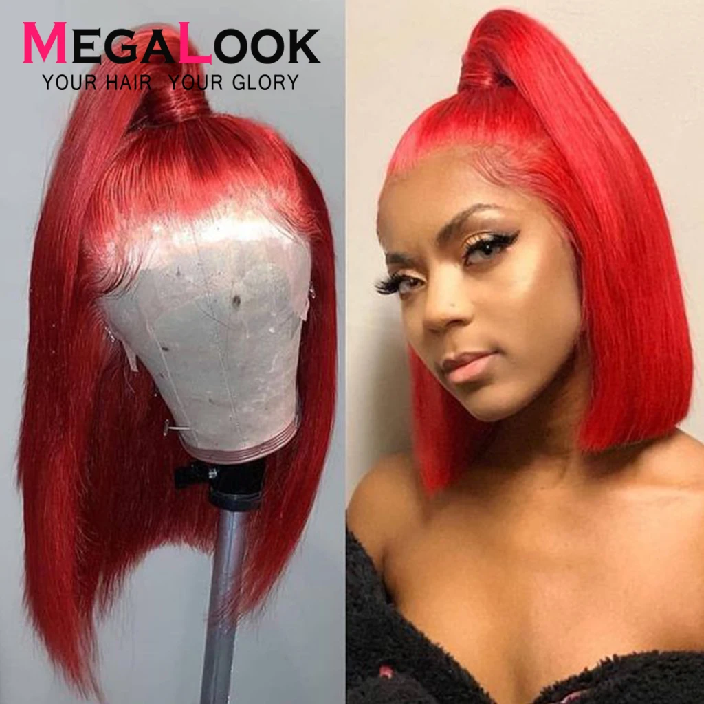 Прямой парик фронта шнурка блонд Боб Humain волосы Megalook Remy Hair13X4 короткие парики из