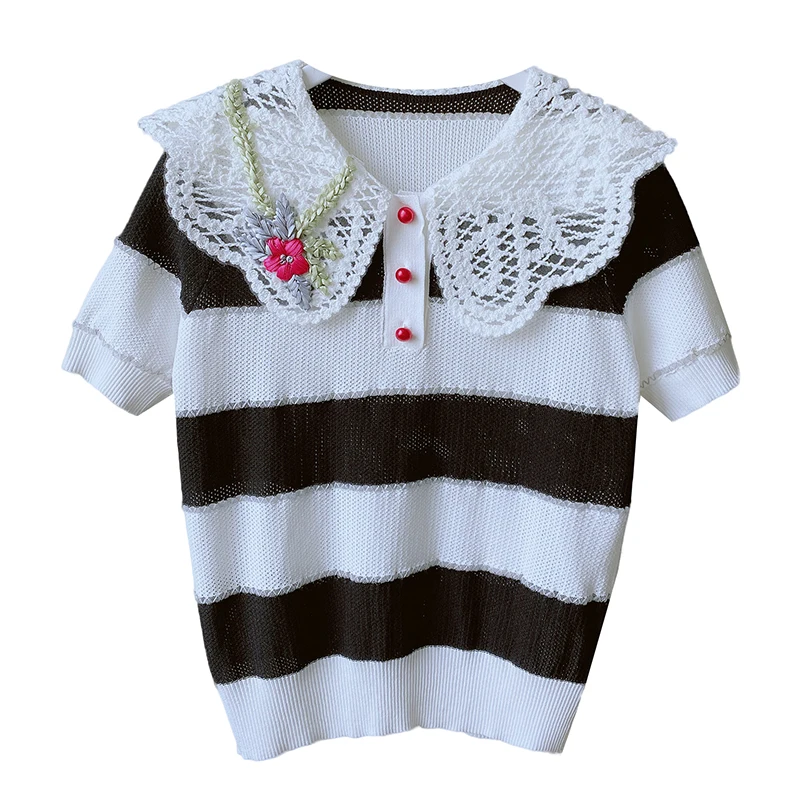 

Striped Tee Shirt Woman 2021 Summer Top Female Clothing New Elegant Lace Collar Short Sleeve Hollow-out Thin Knitted T-Shirt