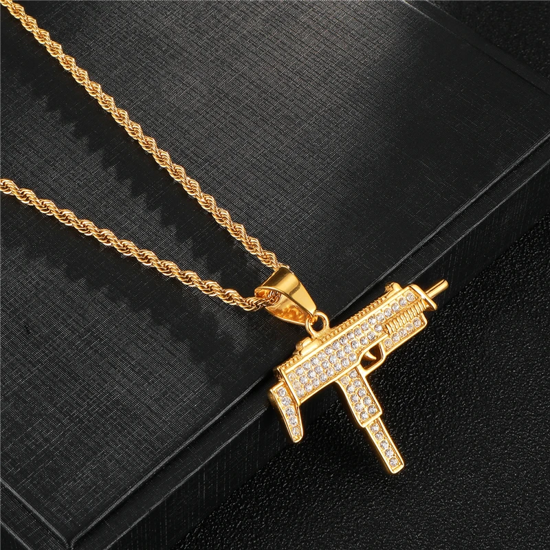 Iced Out Полный Стразы пистолет УЗИ форма кулон ожерелье s Bling Золото Цвет Нержавеющая сталь ожерелье для мужчин хип хоп ювелирные изделия