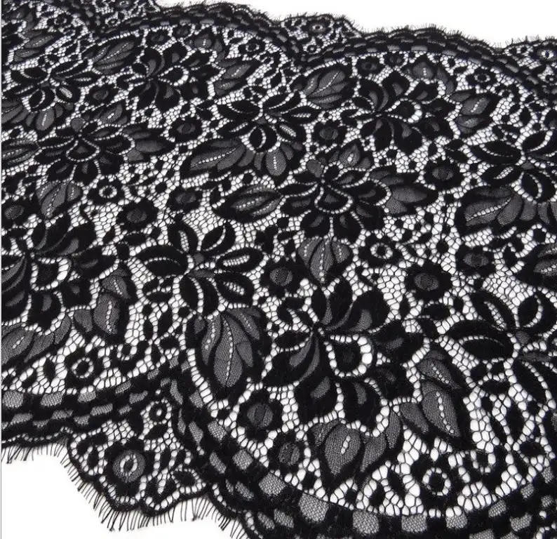 Французская кружевная ткань Шантильи отделка с ресничками белого/черного цвета
