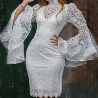 white lace dresses bodycon with long flare sleeves high collar slim sexy party date out see through event celebrate robes new