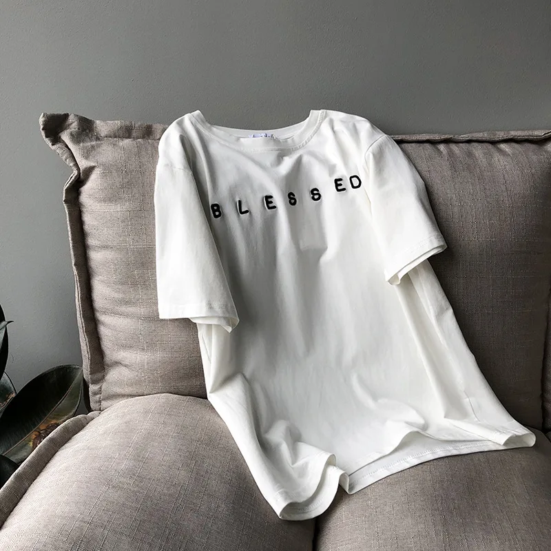 Sherhure 2020 Letter Print Women Summer Cotton White T Shirts O-Neck Short Sleeve Tops For Blusa | Женская одежда