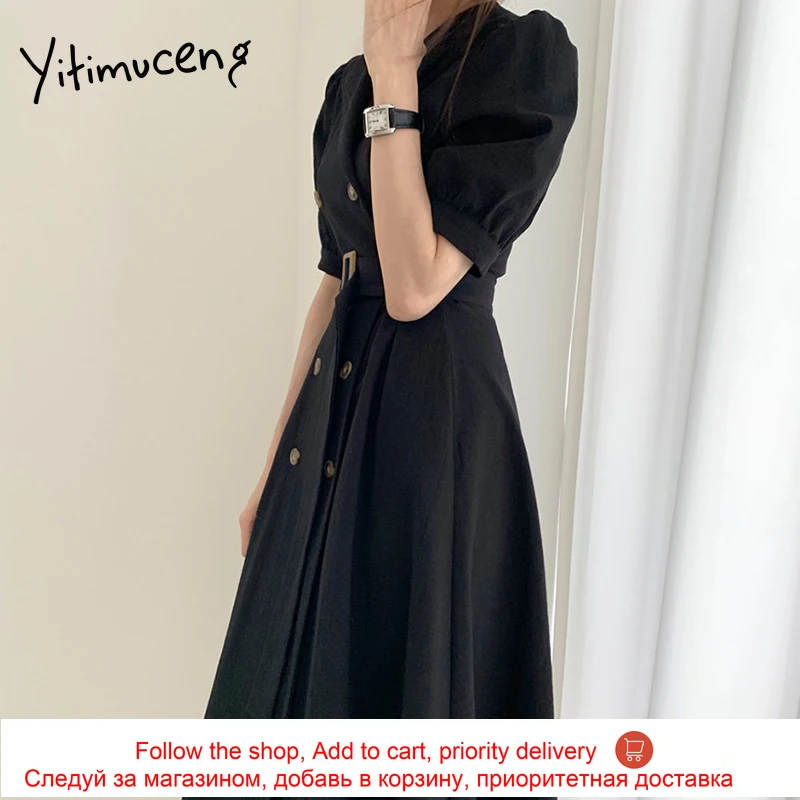 

Yitimuceng Midi Dresses for Women Summer Office Lady Elegant Dress Puff Sleeve High Waist Sundress 2021 Korean Fashion New