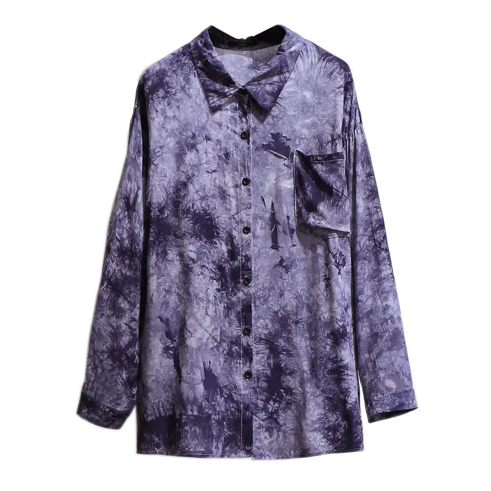 

2xl-6xl big size shirt women purple office shirt long sleeve elegant Tie-Dye pocket shirt plus size women blouse autumn winter