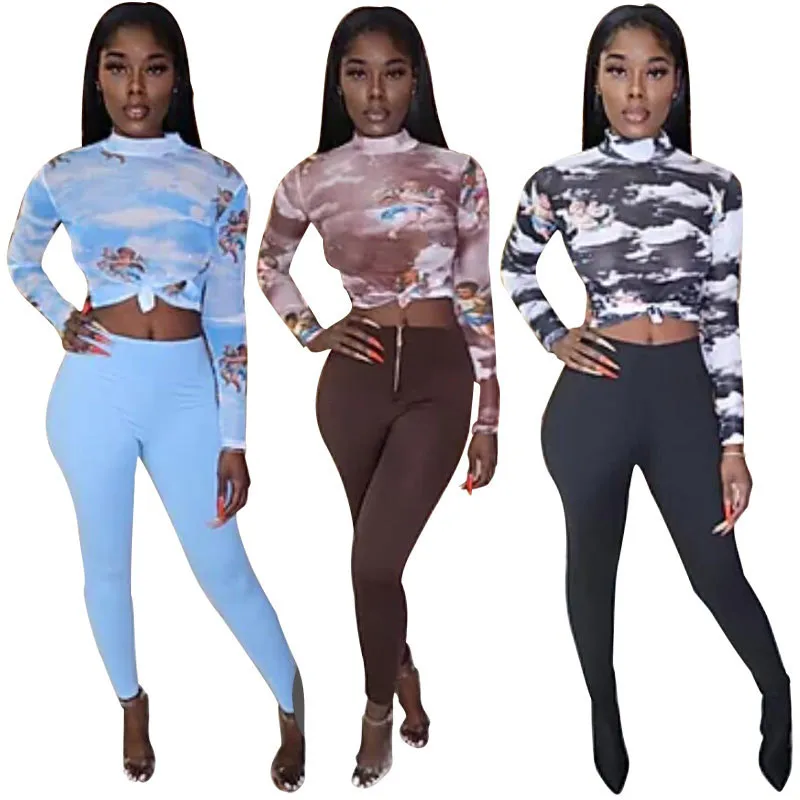 

Fashion Pattern Print Mesh Spliced 2 Piece Set Women Long Sleeve See Through Bodycon Top and Legging Pants Matching Set Outfits