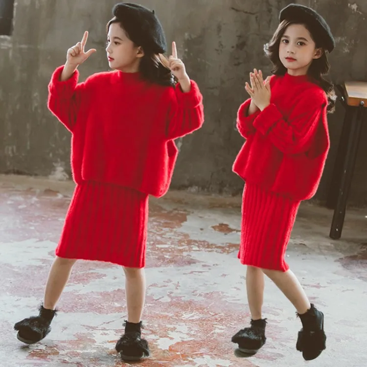 Красный Girls Clothing set Winter Faux-wool Thick Warm Knitted Vest Dress Suit Children Costume Kids Tracksuit 8 10 Years Girls Clothes - Цвет: Красный